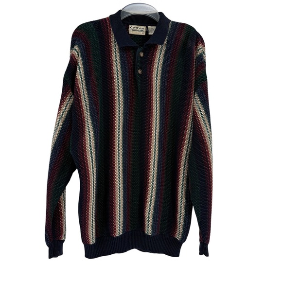 Cotton Traders Other - Cotton traders 3D Knit Grandpa Sweater Mens Size L Blue Gold Y2K Vintage